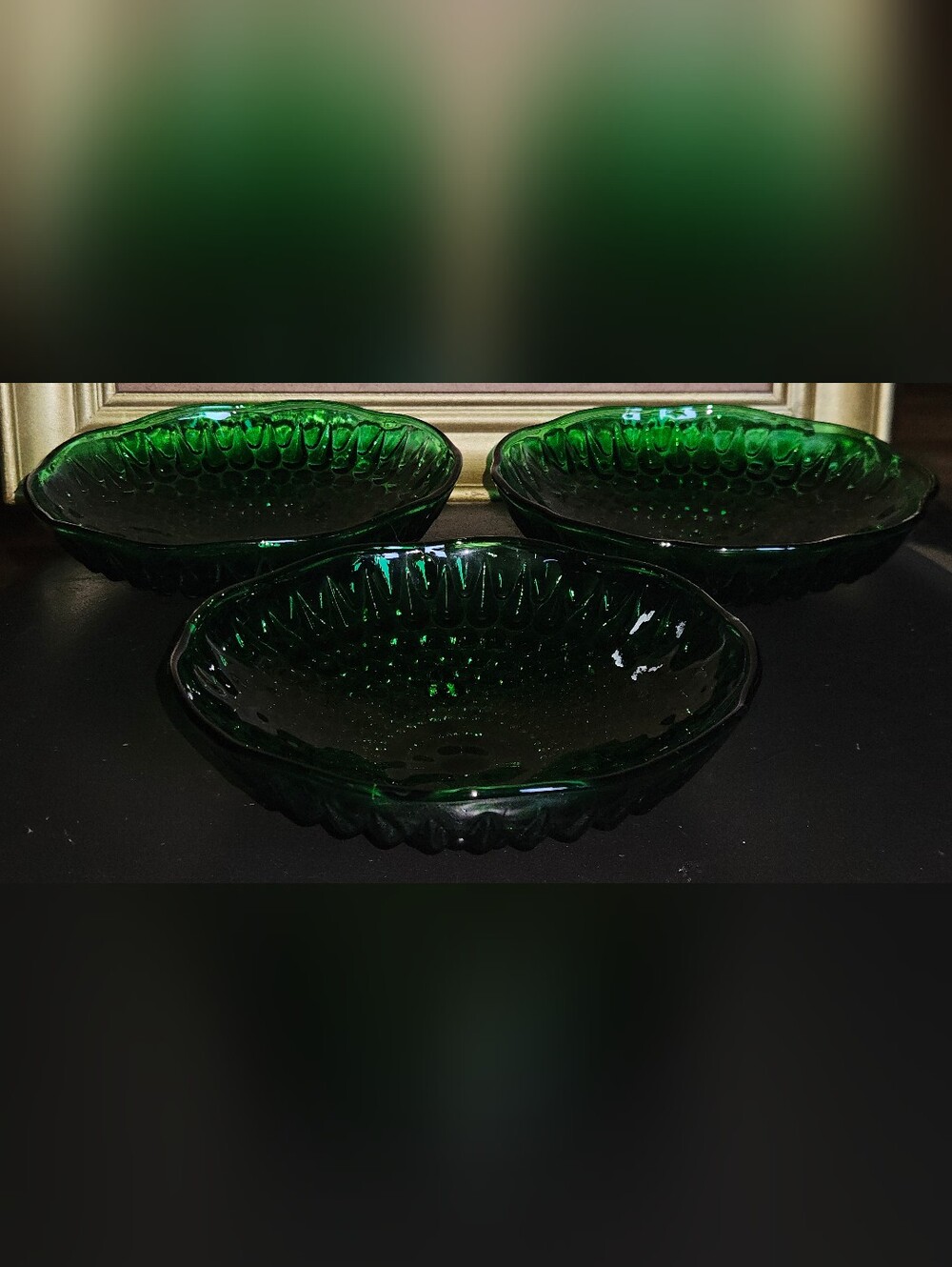 3 Vintage Anchor Hocking Forest Green 3 Toed Hobnail Glass Candy/Nut Bowl Dish